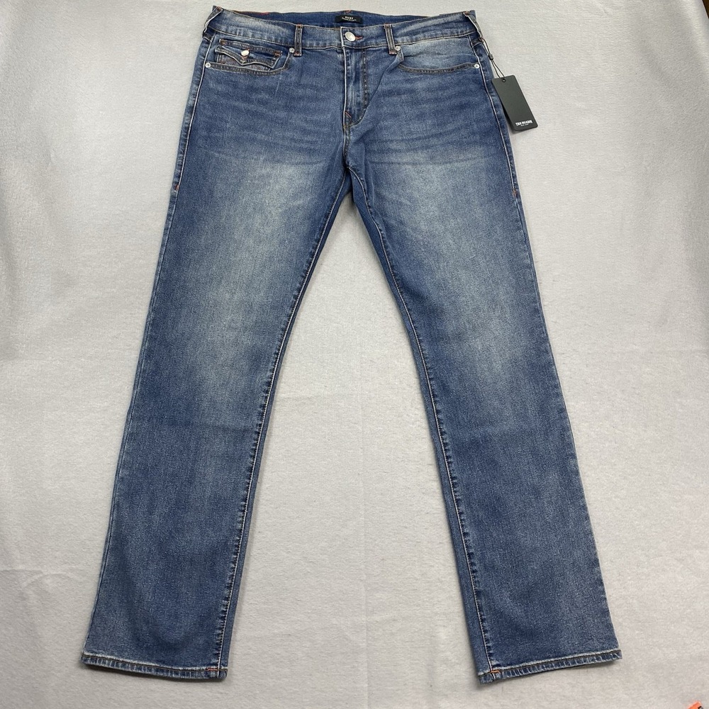True Religion Jeans Mens 36x34 Blue Denim Pants Ricky Relaxed Straight Flap